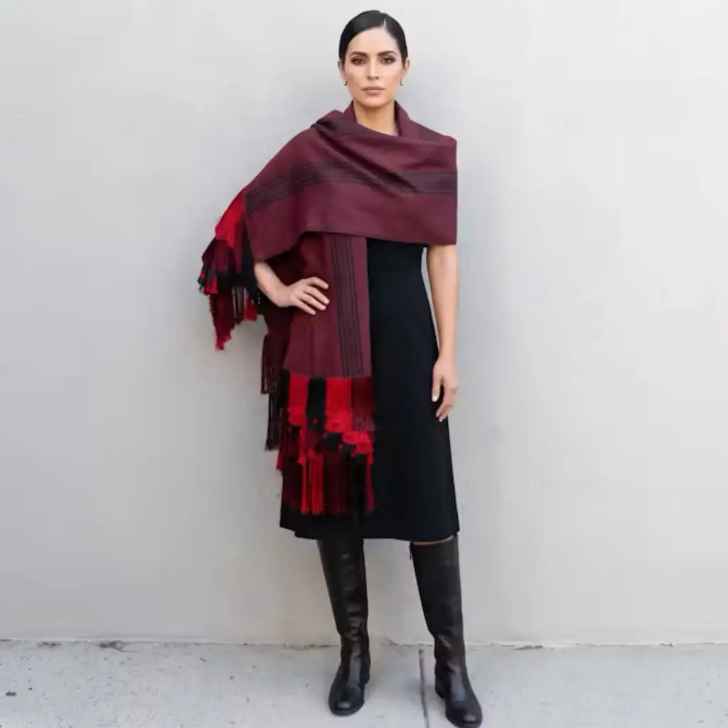 Purepecha Rebozo Shawl, Red and Black Handwoven Cotton