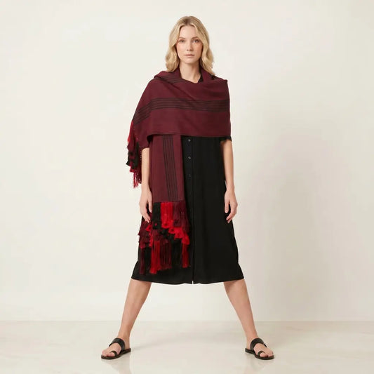Purepecha Rebozo Shawl, Red and Black Handwoven Cotton