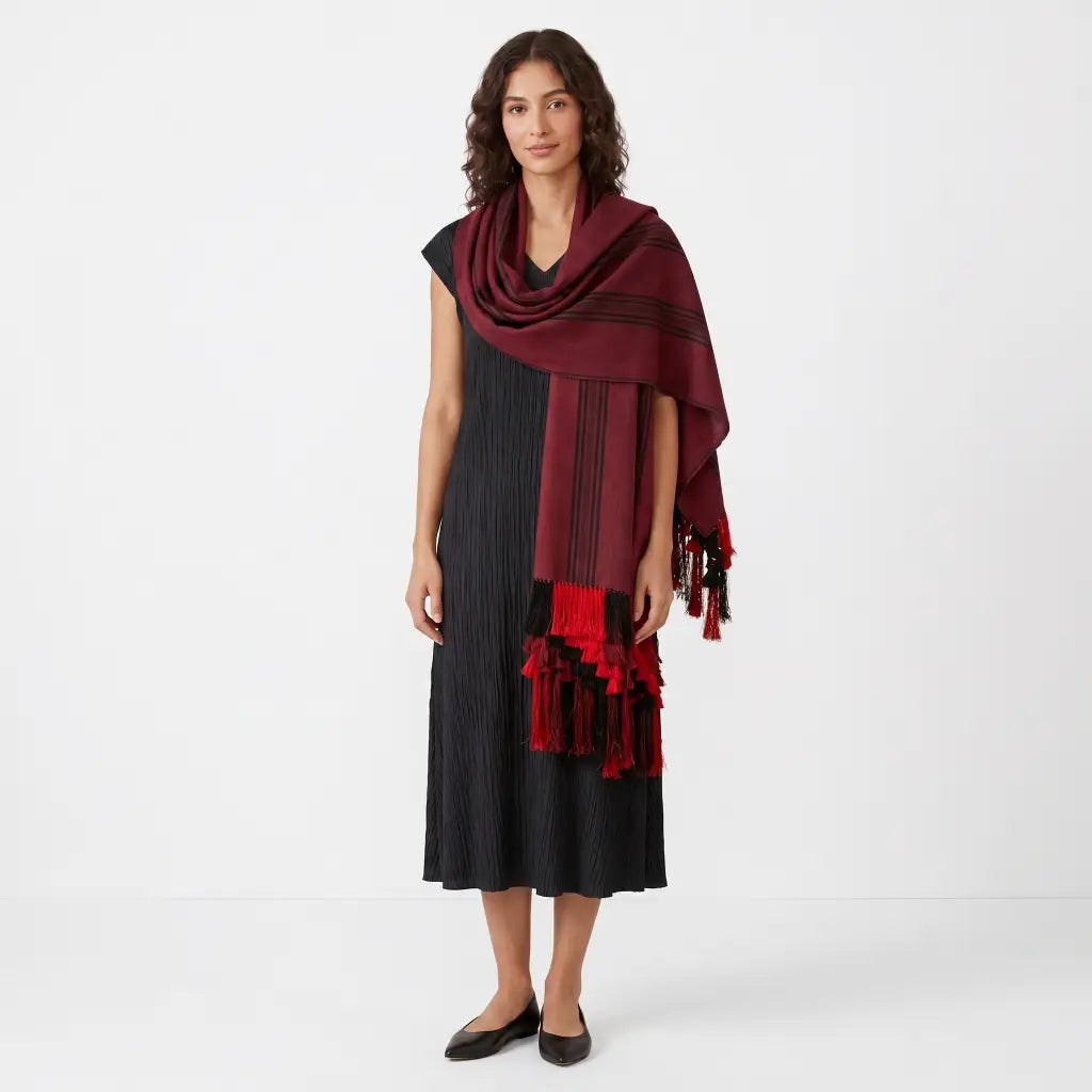 Purepecha Rebozo Shawl, Red and Black Handwoven Cotton