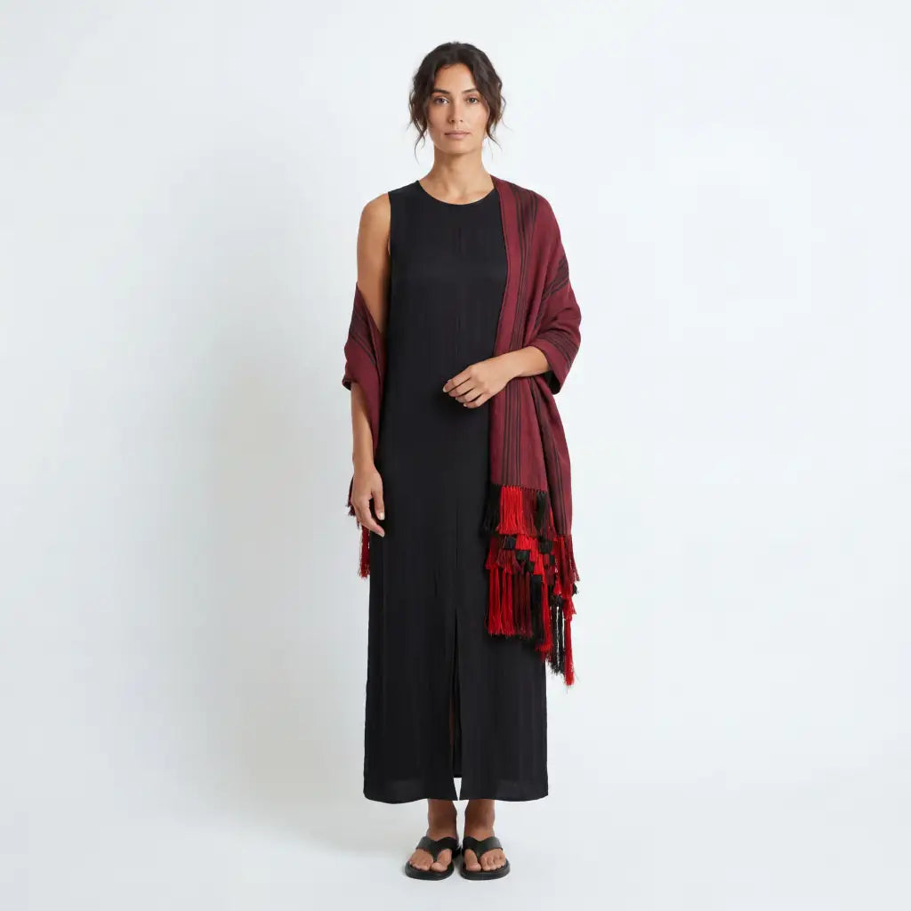 Purepecha Rebozo Shawl, Red and Black Handwoven Cotton