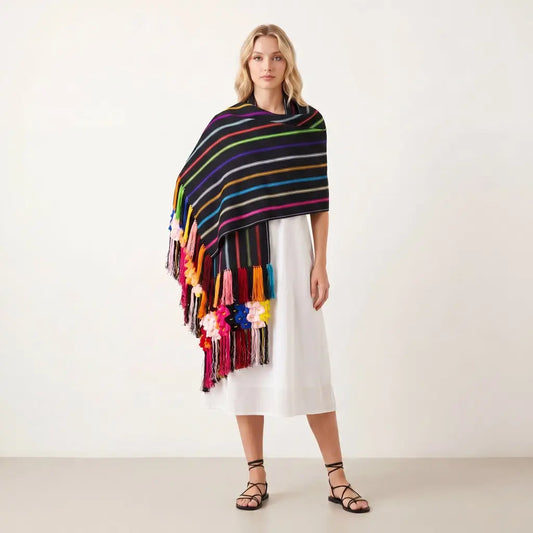 Purepecha Rebozo Shawl, Striped Handwoven Cotton with Silk
