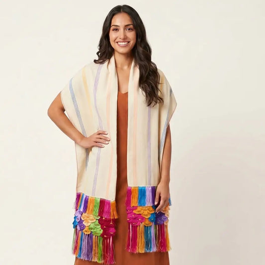Purepecha Rebozo Shawl with Stripes, Handwoven Michoacán