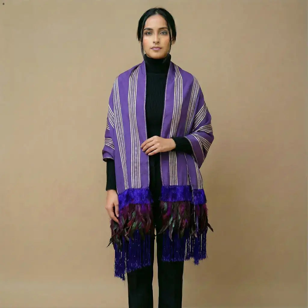 Purepecha rebozo with fringe and feathers - Shawl