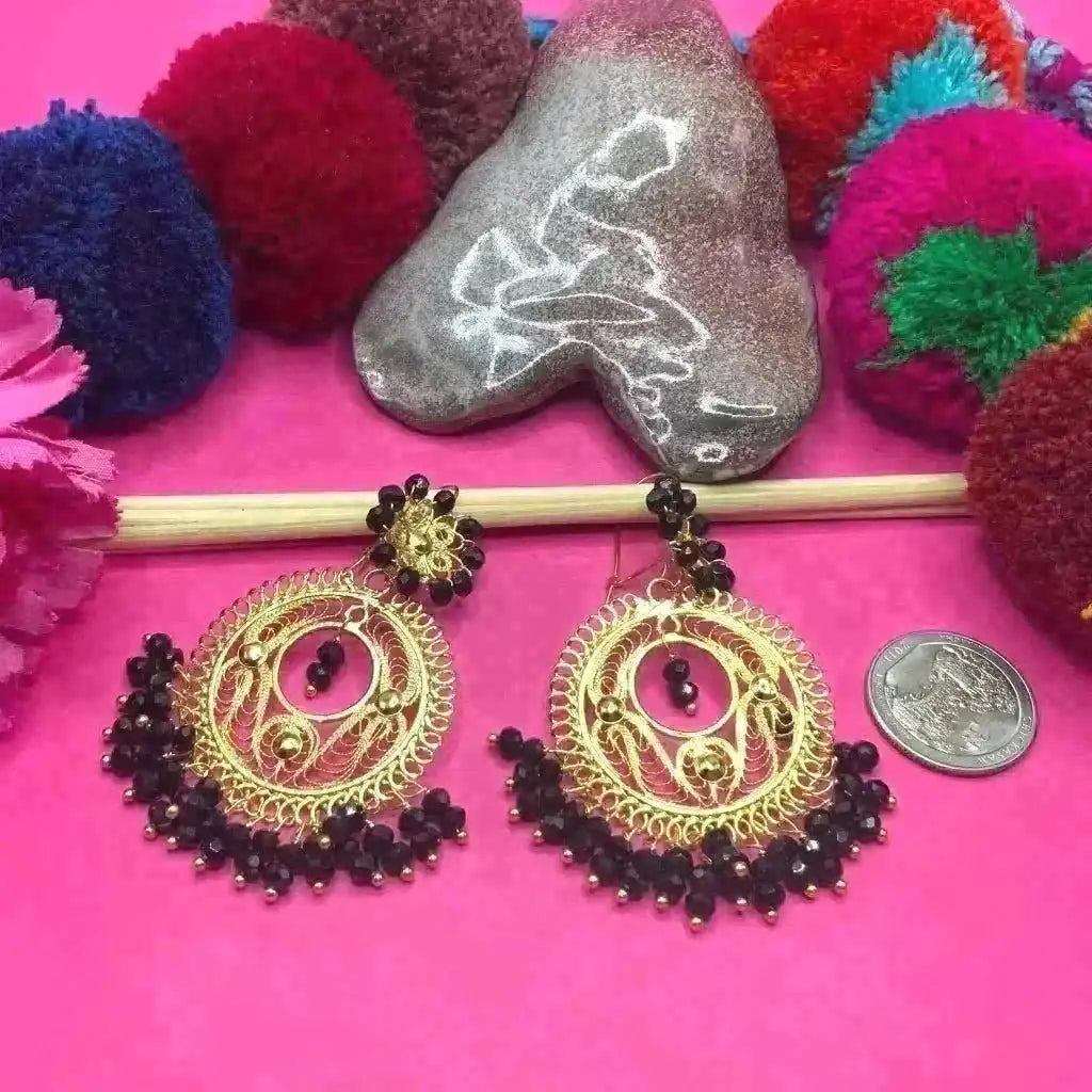 Round circle Grande Gold plated Mexican earrings with black