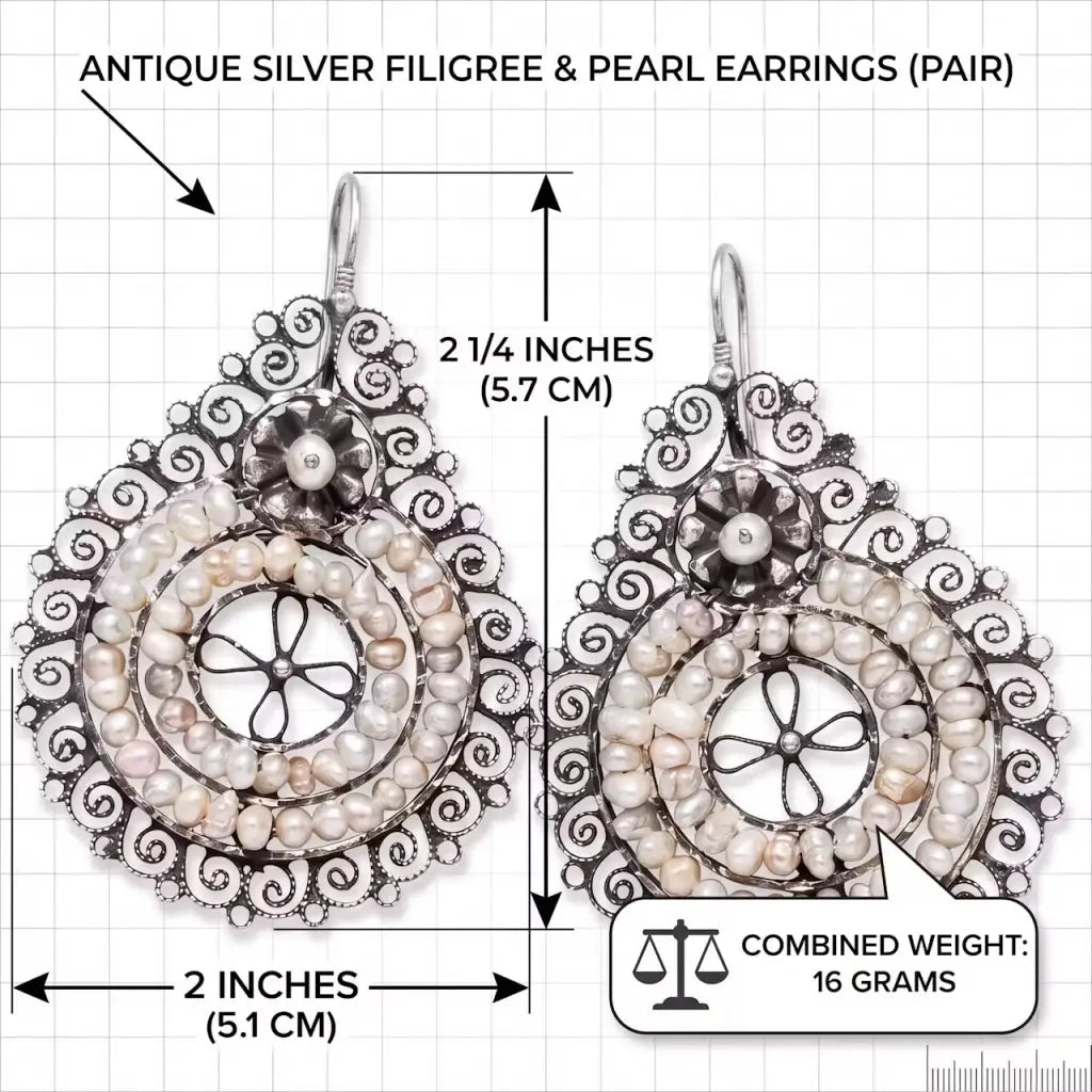 Round hook back Oaxacan silver filigree earrings with pearls