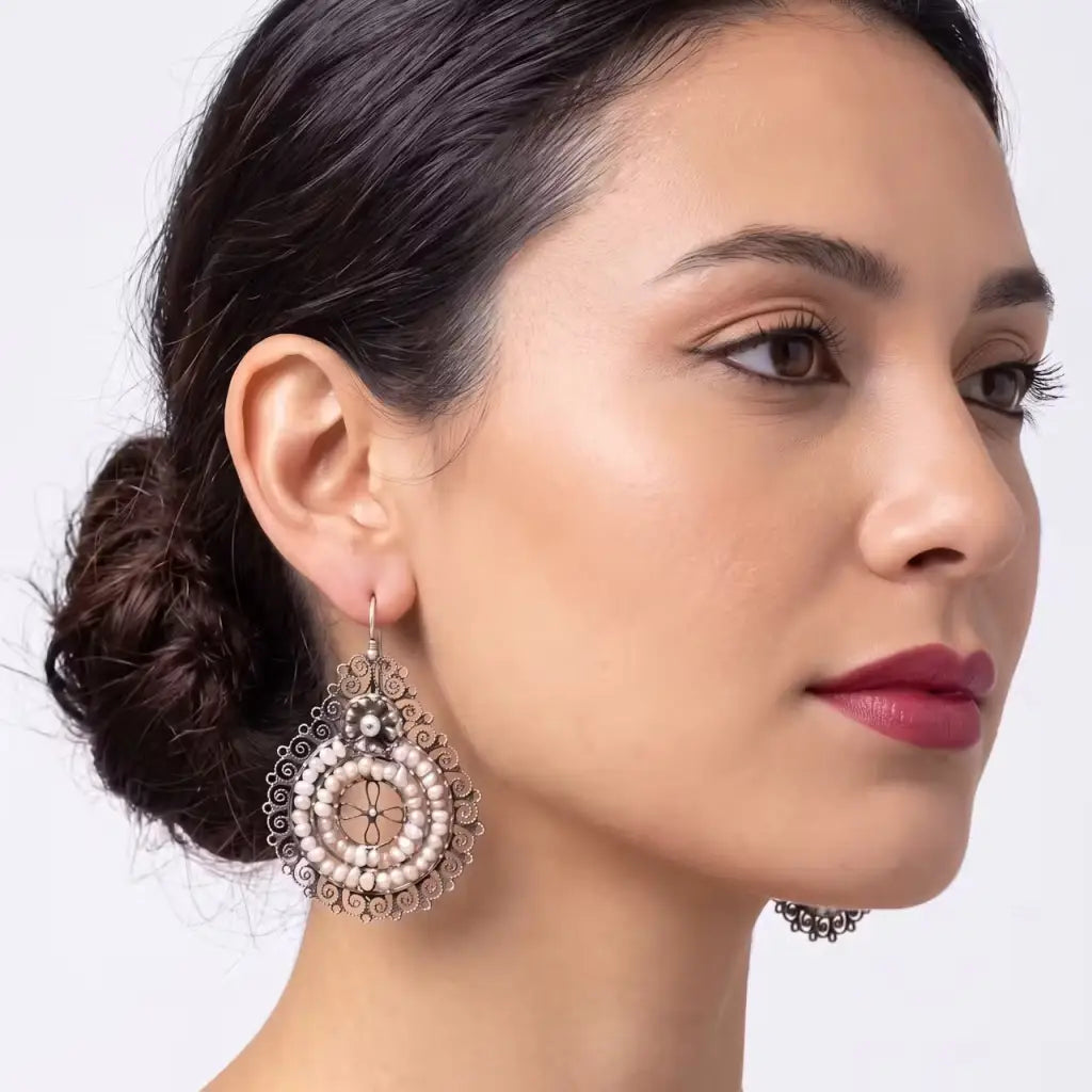 Round hook back Oaxacan silver filigree earrings with pearls