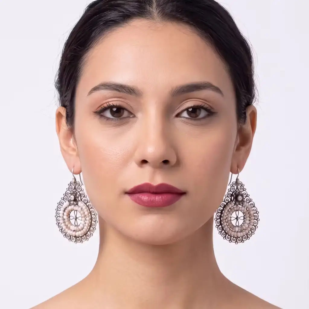 Round hook back Oaxacan silver filigree earrings with pearls