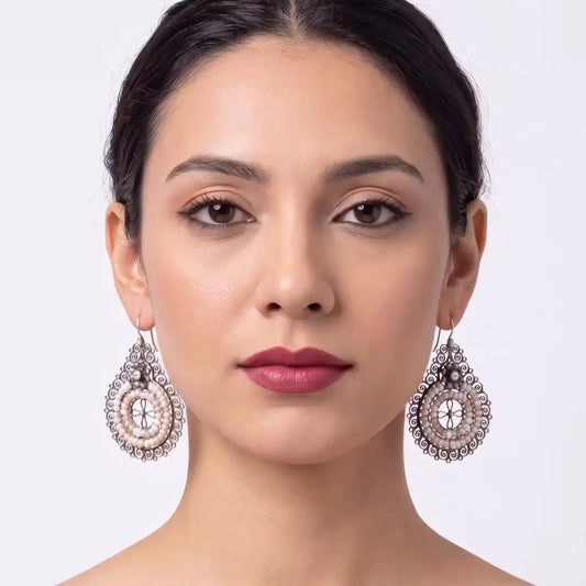 Round hook back Oaxacan silver filigree earrings with pearls