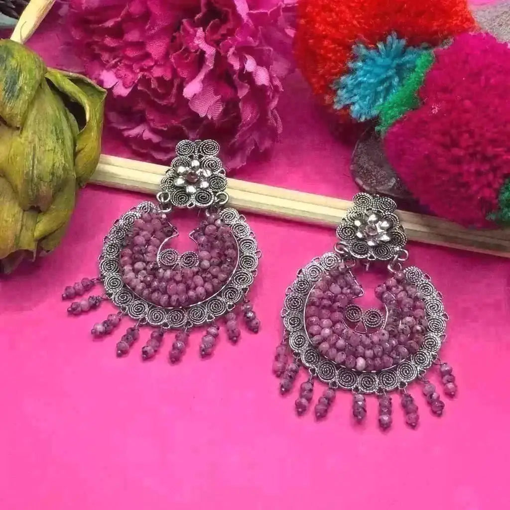 Round Oaxacan filigree silver earrings with faceted amethyst