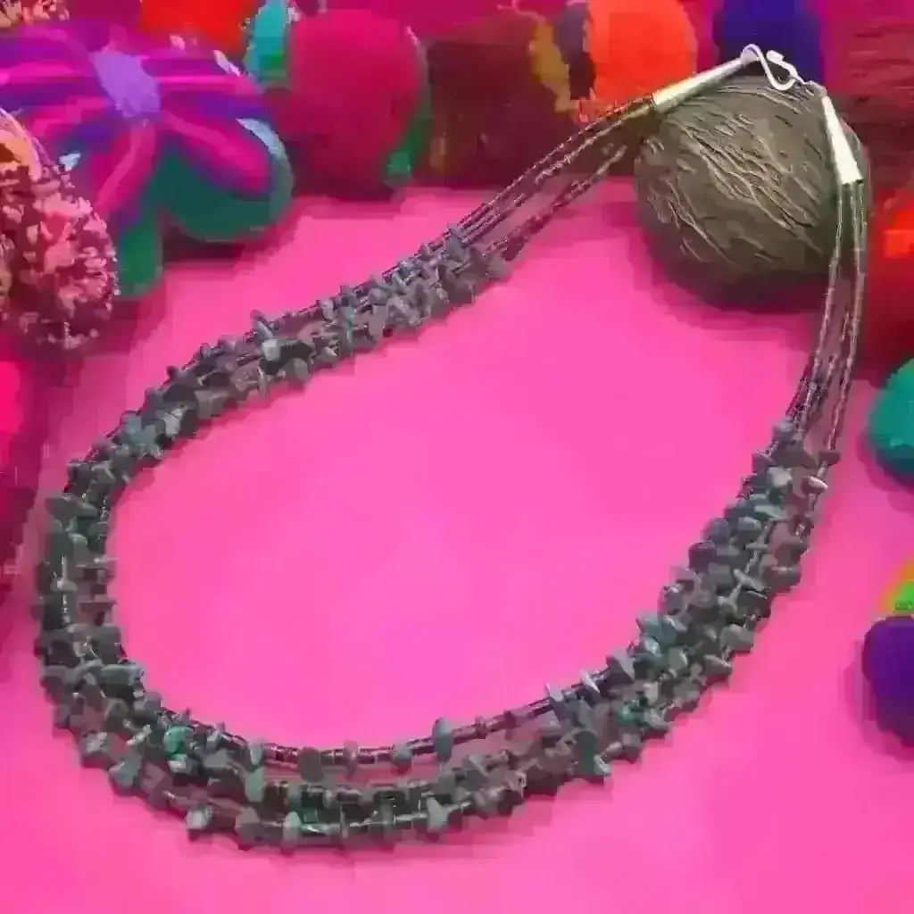 Santo Domingo turquoise three strand hand beaded necklace