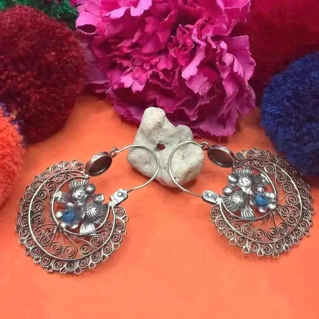 Silver Arracadas Earrings with doves flowers and lapis