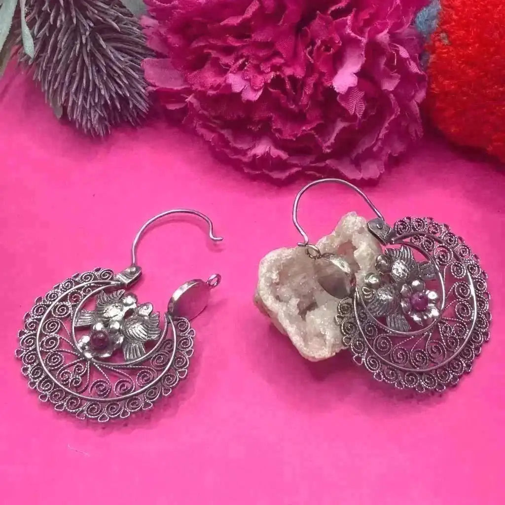 Silver Arracadas Earrings with doves flowers and pink agate