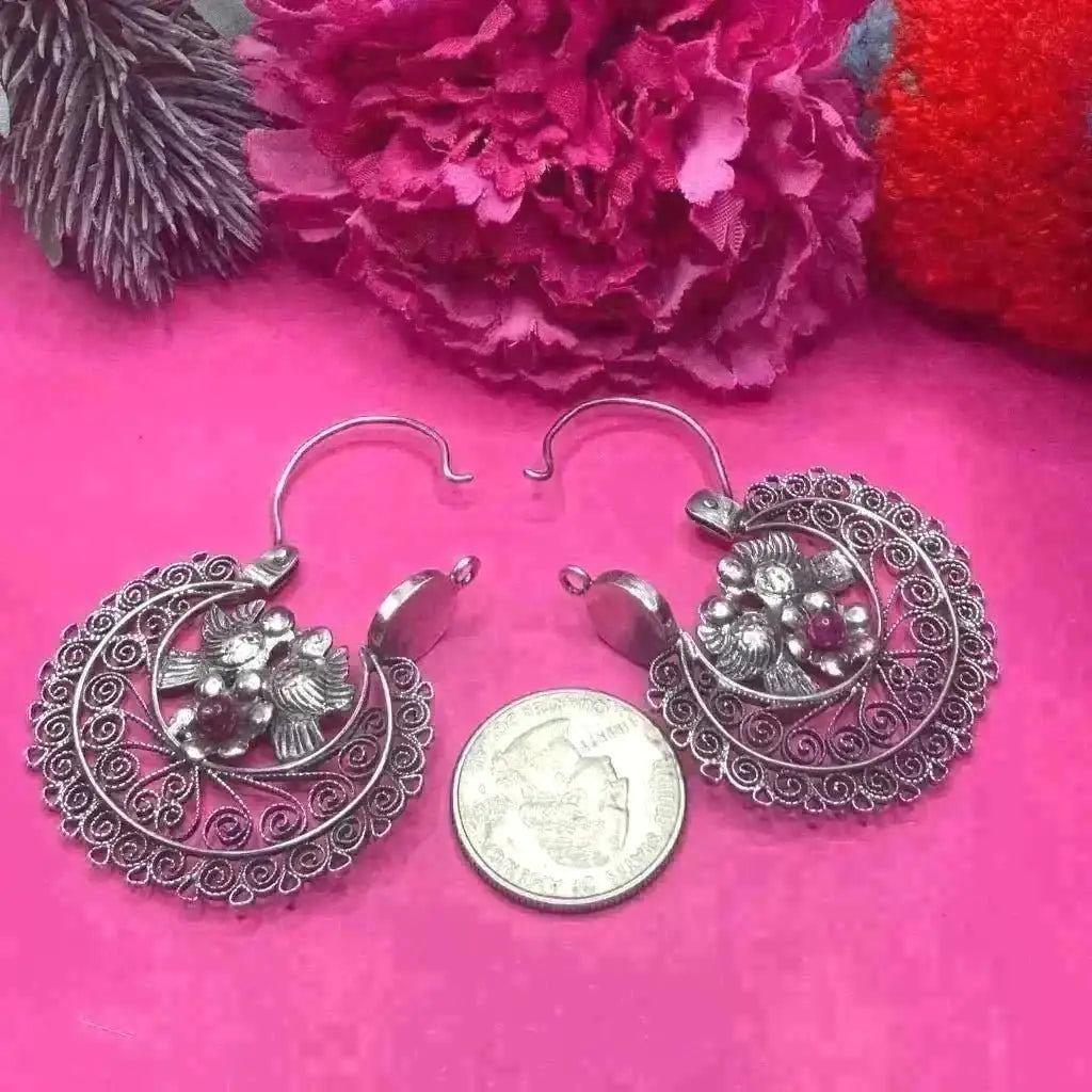 Silver Arracadas Earrings with doves flowers and pink agate