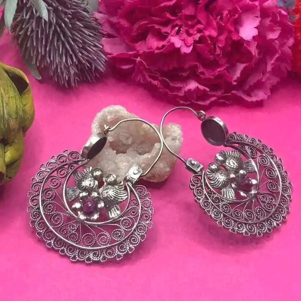 Silver Arracadas Earrings with doves flowers and pink agate