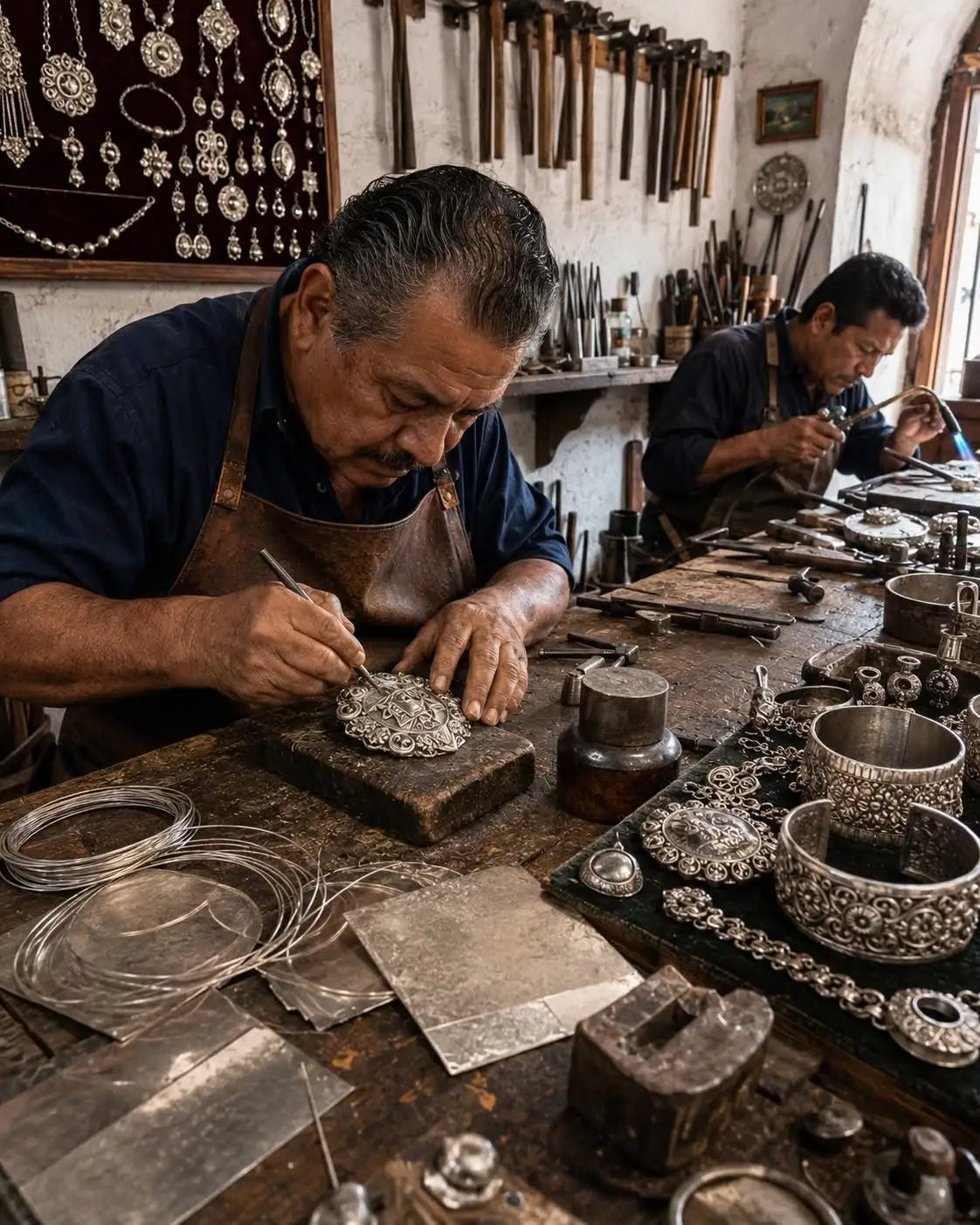 Silver filigree pendant being crafted by hand in a traditional workshop.
