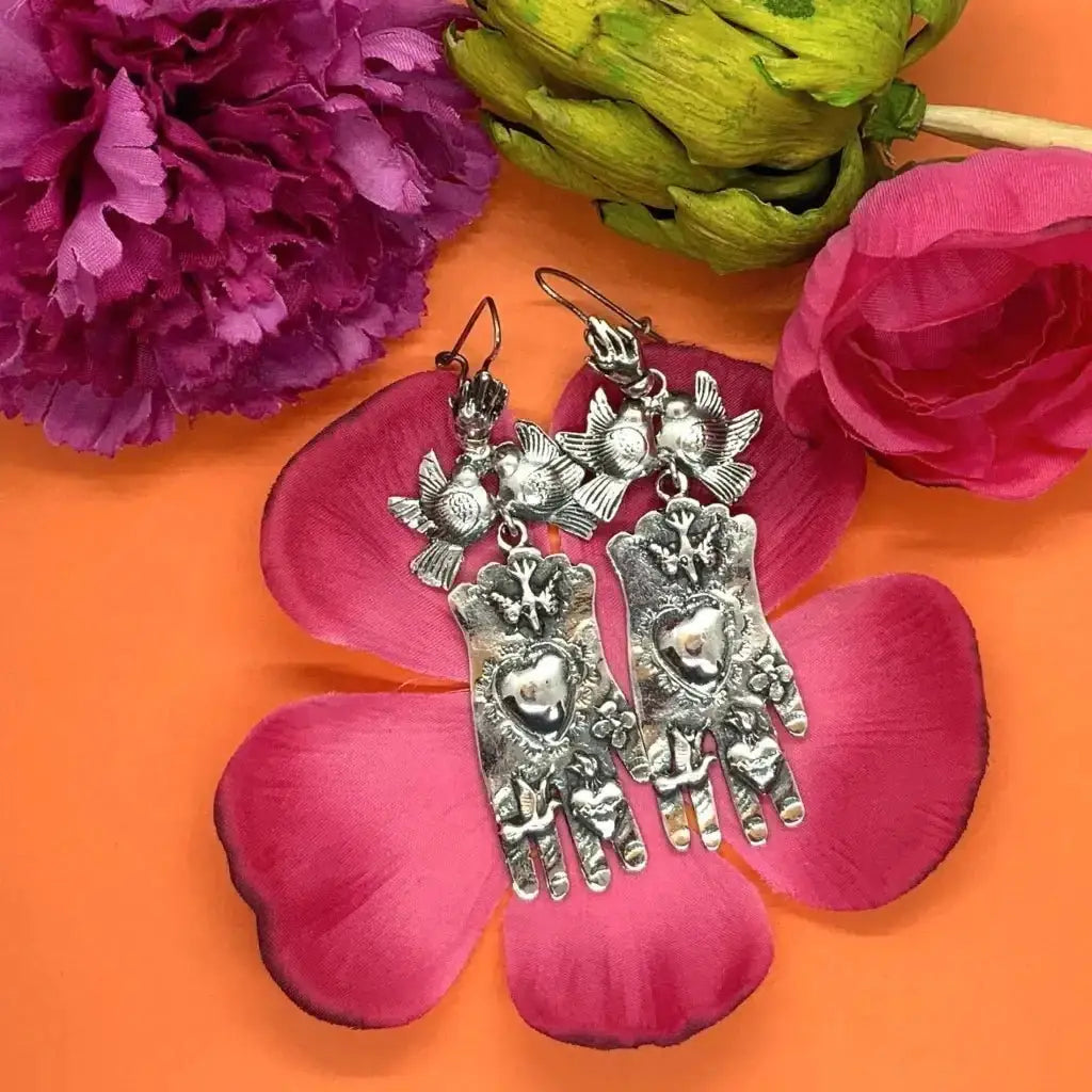Silver Mexican Milagro hand earrings with hearts and doves