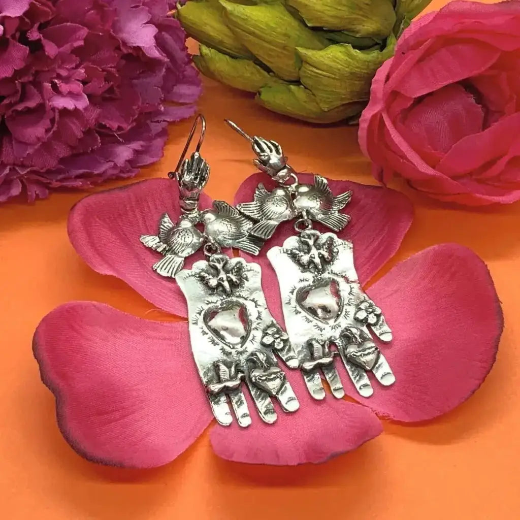 Silver Mexican Milagro hand earrings with hearts and doves