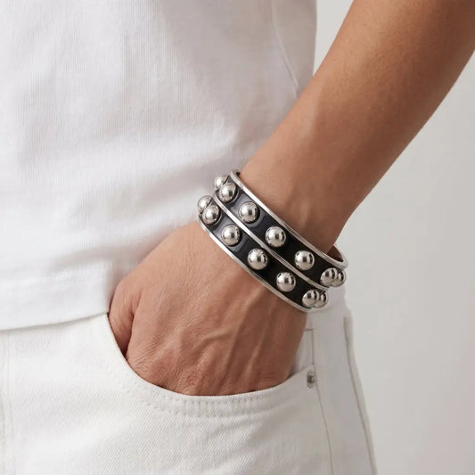 Silver Taxco bracelet modern design with dots-clamper style