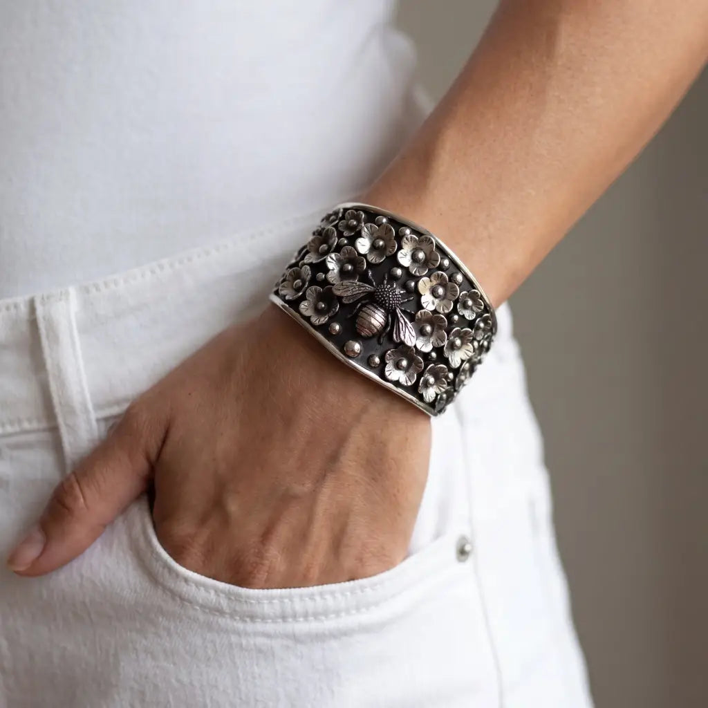 Silver Taxco bracelet modern design with gorgeous bees