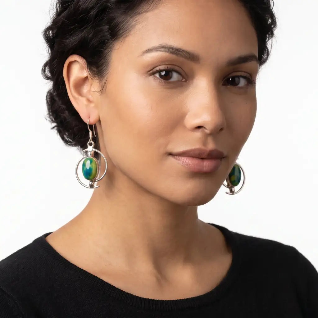 Taxco Silver Earrings with Green Opal Type Stone - Pure