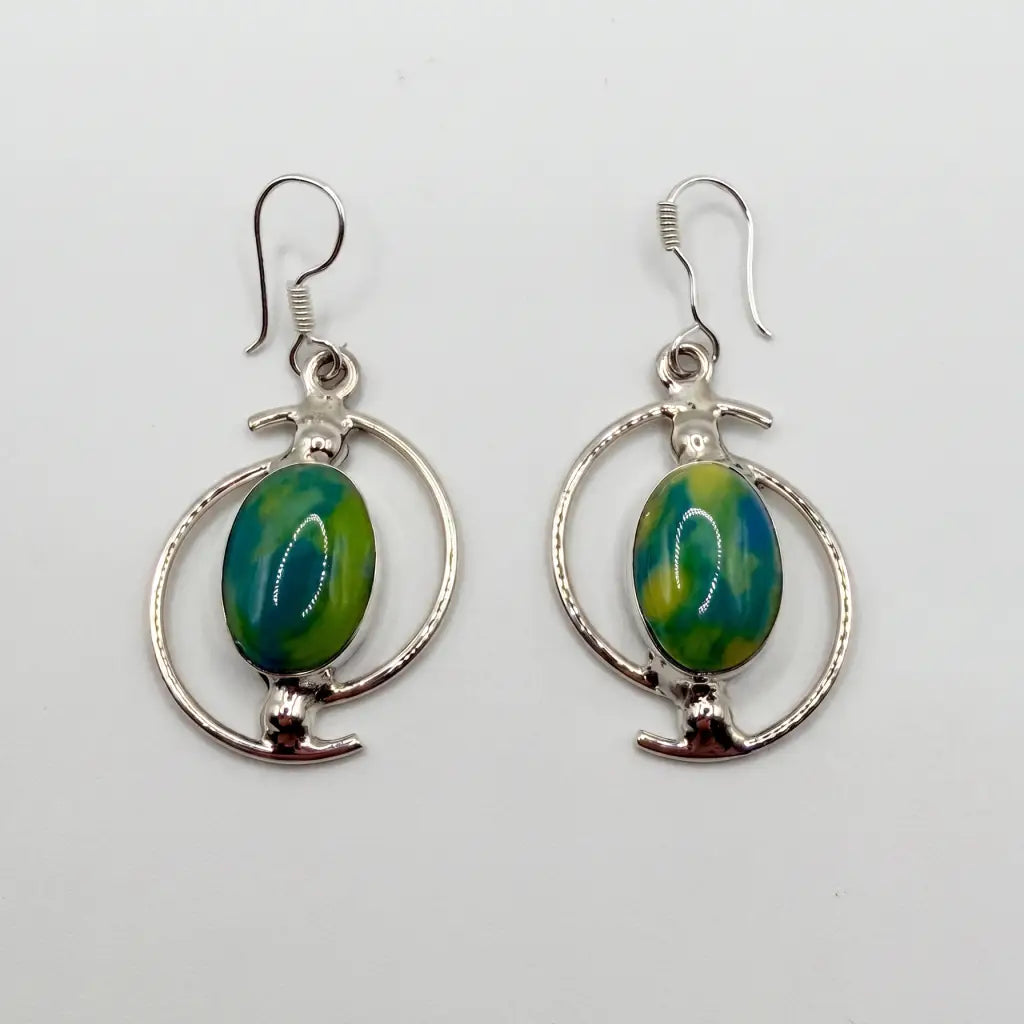 Taxco Pure Silver Green Stone oval drop earrings