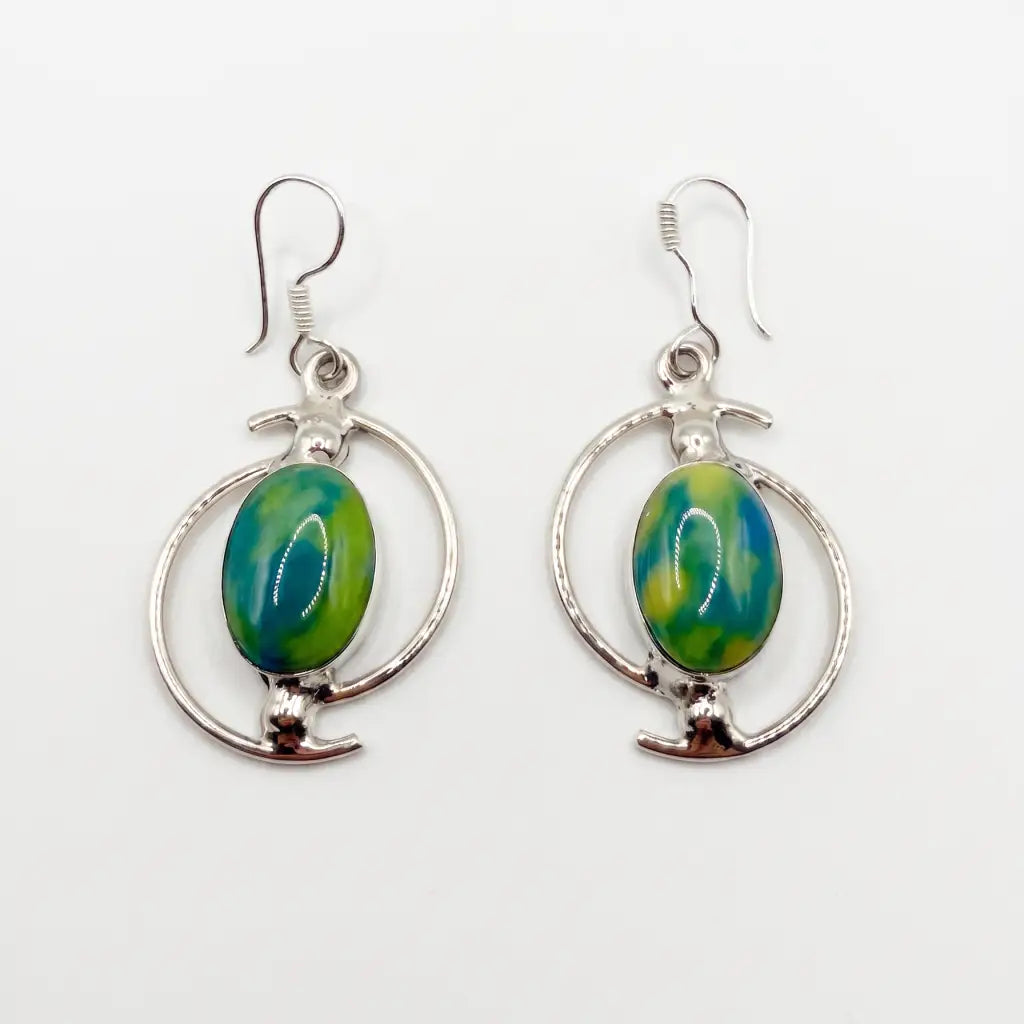 Taxco Pure Silver Green Stone oval drop earrings