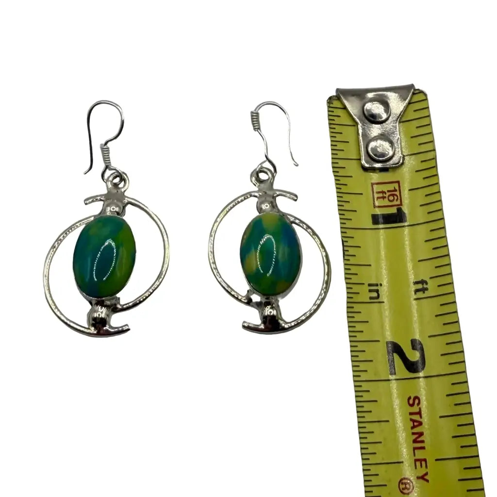 Taxco Pure Silver Green Stone oval drop earrings