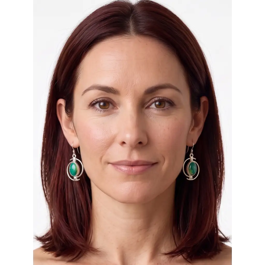 Taxco Pure Silver Green Stone oval drop earrings