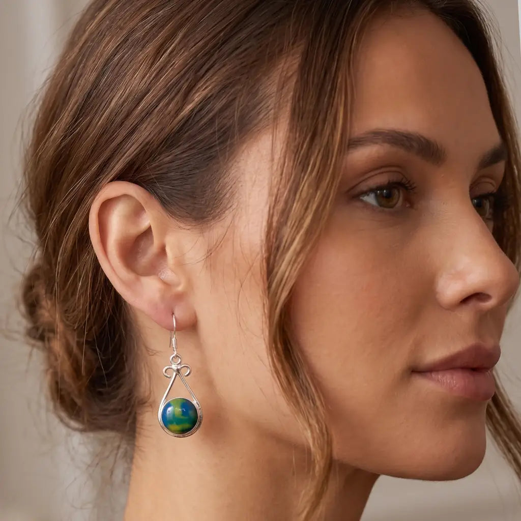 Taxco Pure Silver Green Stone Twisted Drop Earrings