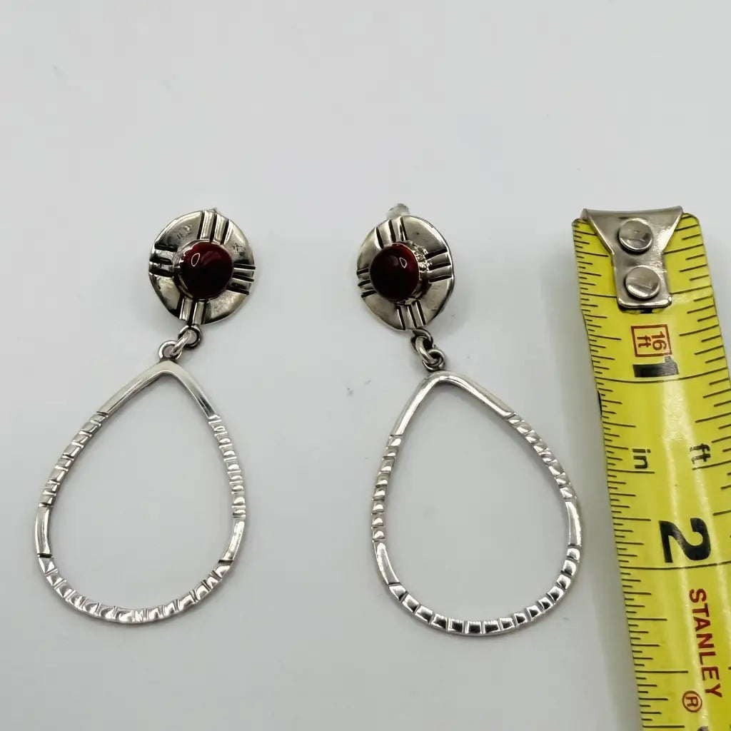 Taxco Silver Earrings - Pure Oval Hoop with Blood Red Stone