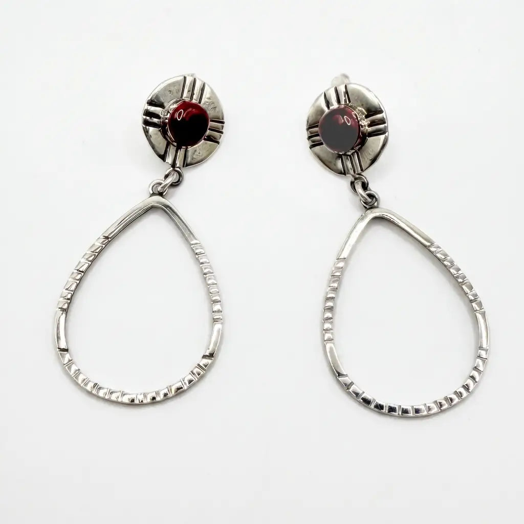 Taxco Silver Earrings - Pure Oval Hoop with Blood Red Stone