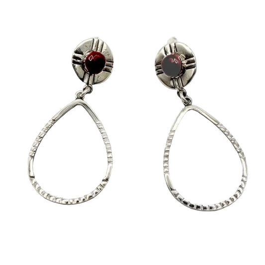 Taxco Silver Earrings - Pure Oval Hoop with Blood Red Stone