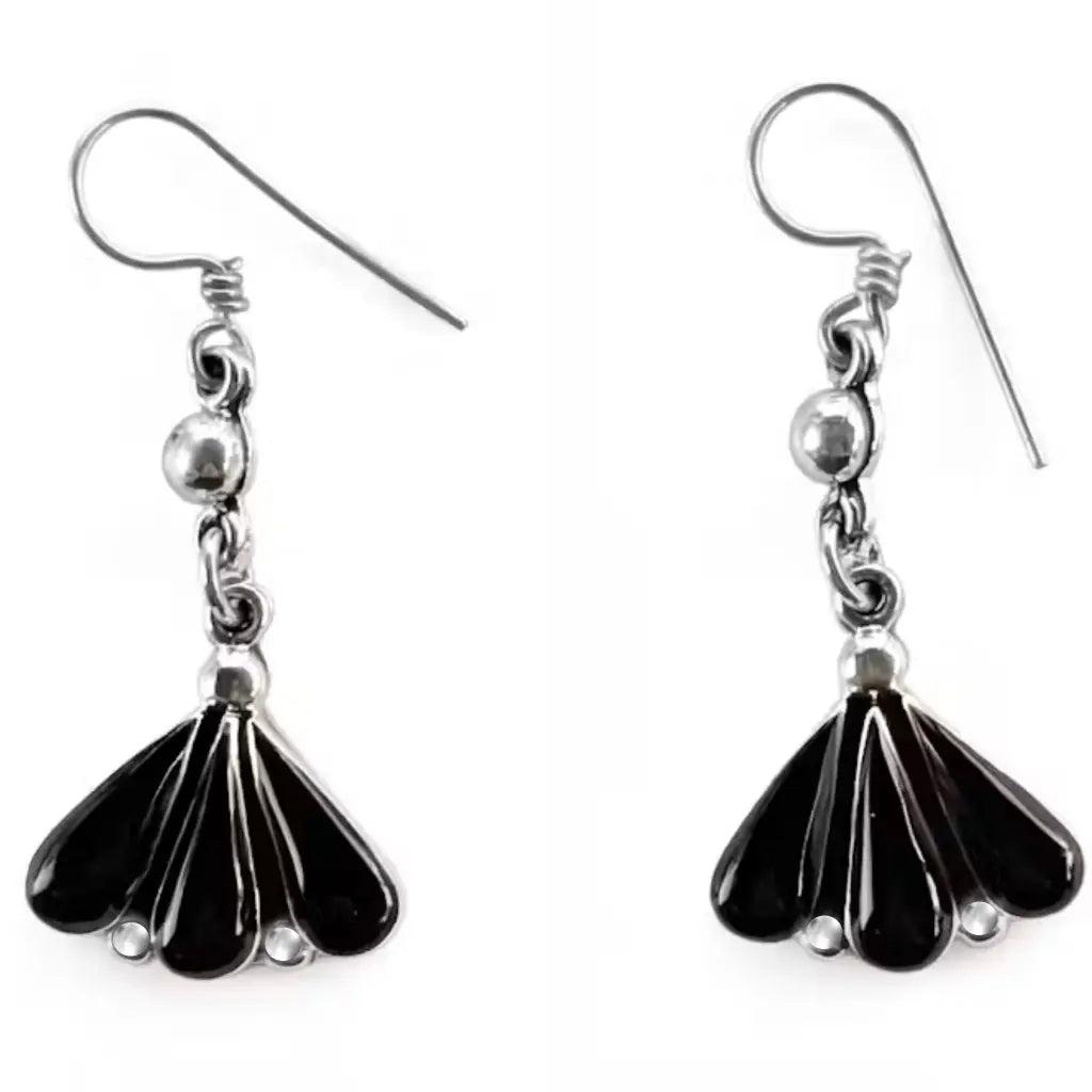 Taxco Silver Earrings - Pure with black agate fan shape