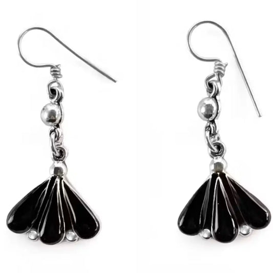 Taxco Silver Earrings - Pure with black agate fan shape