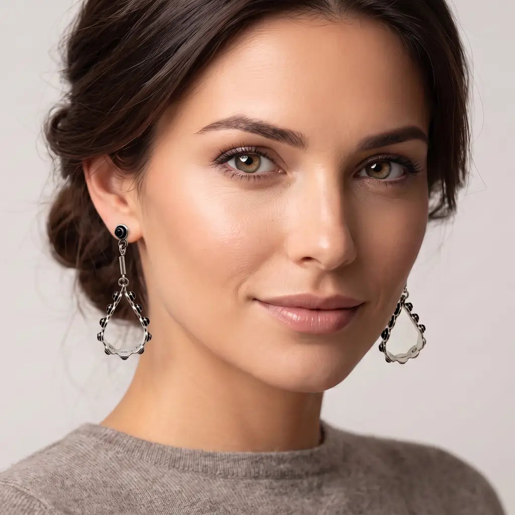 Taxco Silver Earrings - Pure Drop with Black Stones