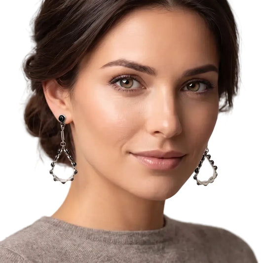 Taxco Silver Earrings - Pure Drop with Black Stones