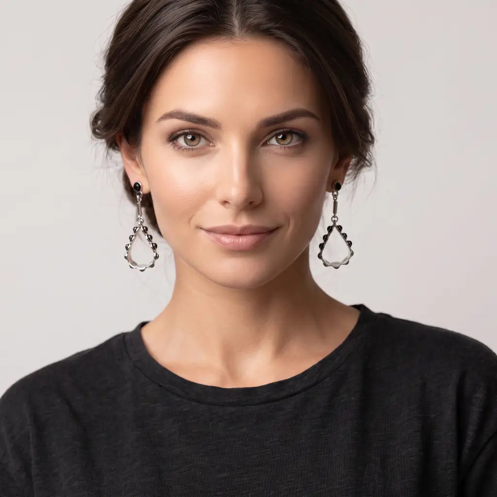 Taxco Silver Earrings - Pure Drop with Black Stones