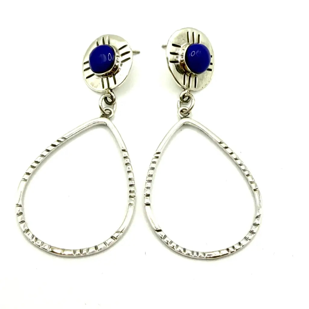 Taxco Silver Earrings - Pure Oval Hoop with blue stone