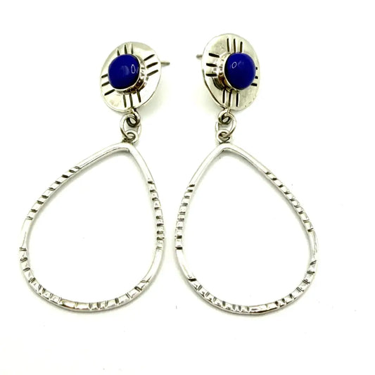 Taxco Silver Earrings - Pure Oval Hoop with blue stone