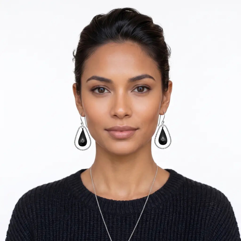 Taxco Silver Earrings - Pure Oval Hoop with Gray Stone