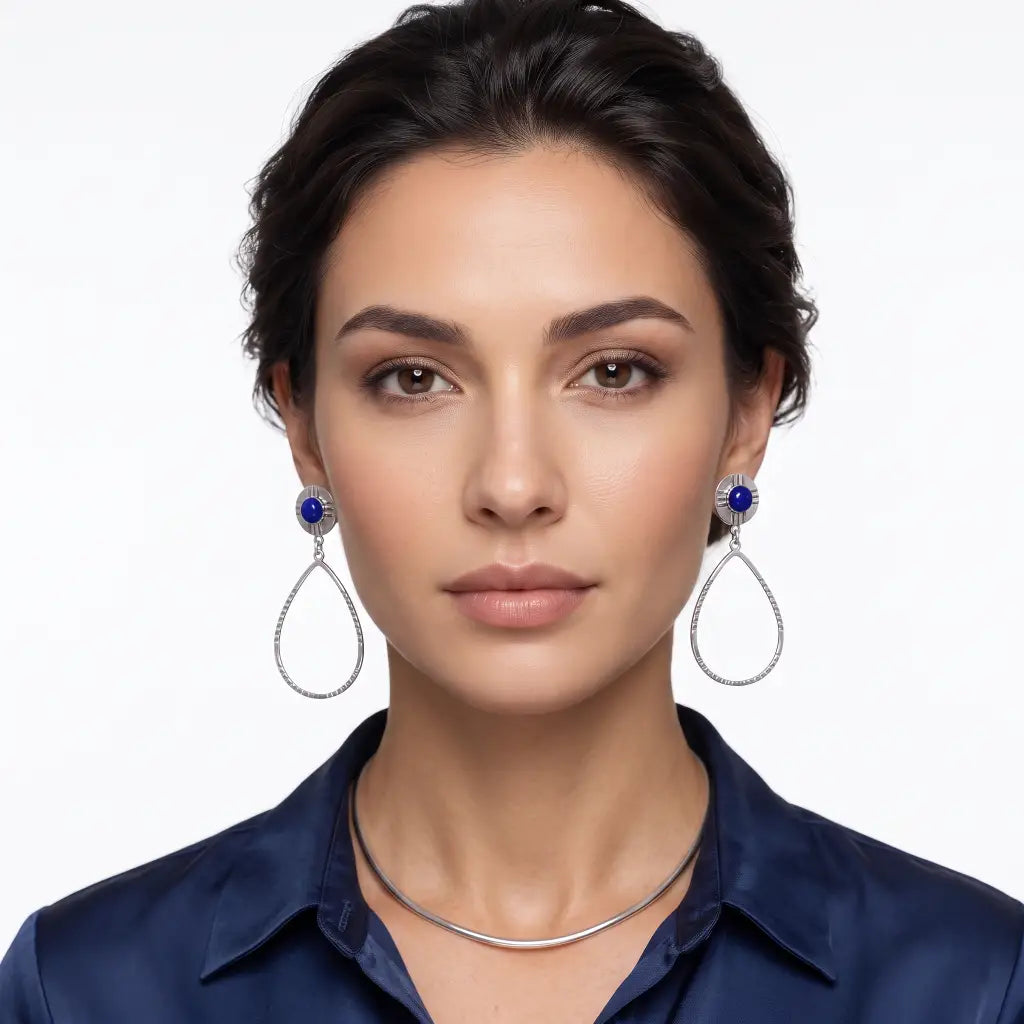Taxco Silver Earrings - Pure Oval Hoop with lapis color
