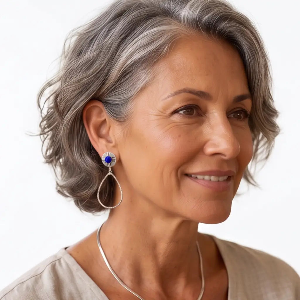 Taxco Silver Earrings - Pure Oval Hoop with lapis color