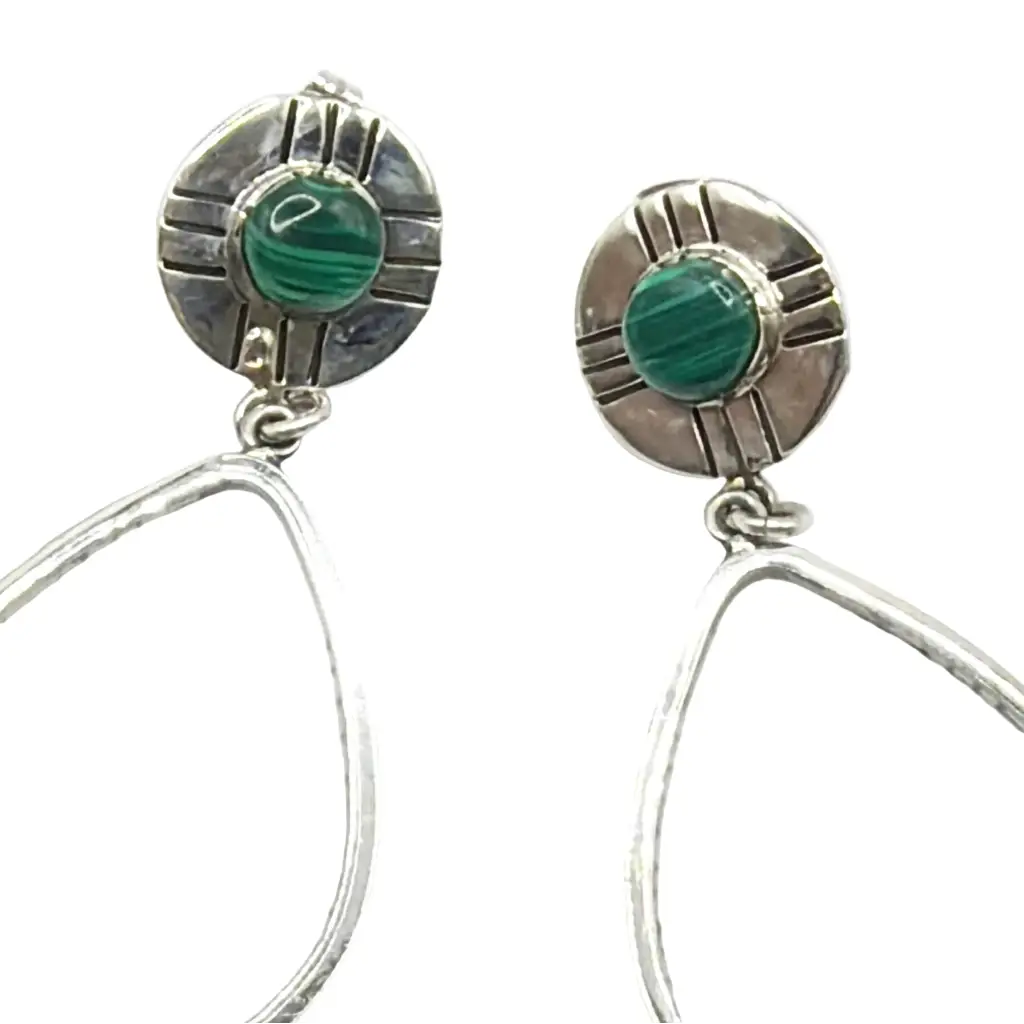 Taxco Silver Earrings - Pure Oval Hoop with malachite