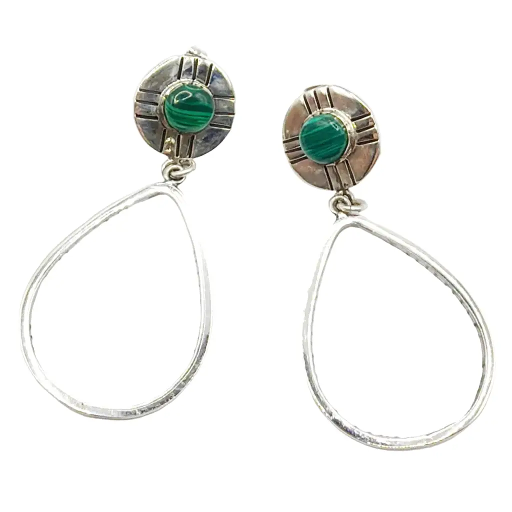 Taxco Silver Earrings - Pure Oval Hoop with malachite