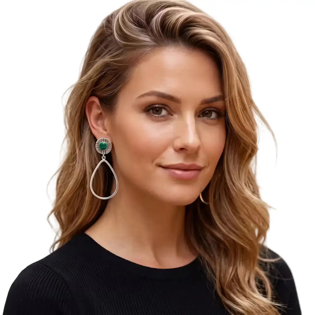 Taxco Silver Earrings - Pure Oval Hoop with malachite