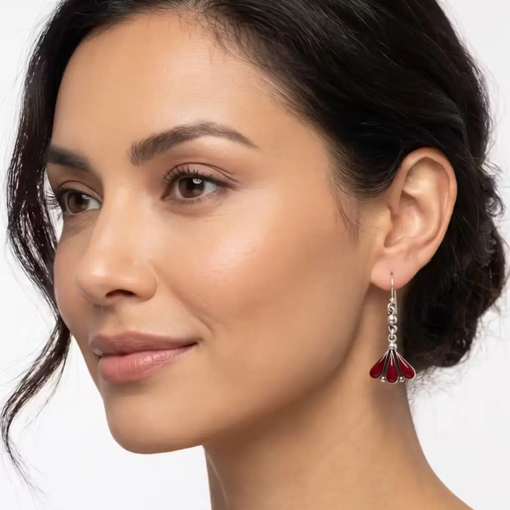 Taxco Silver Earrings - Pure with red agate fan shape