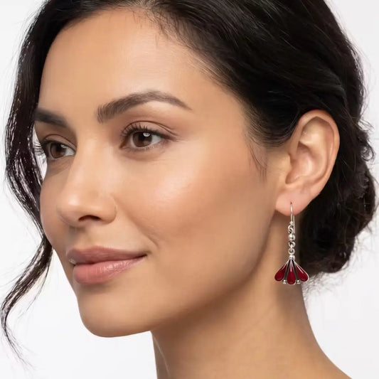 Taxco Silver Earrings - Pure with red agate fan shape