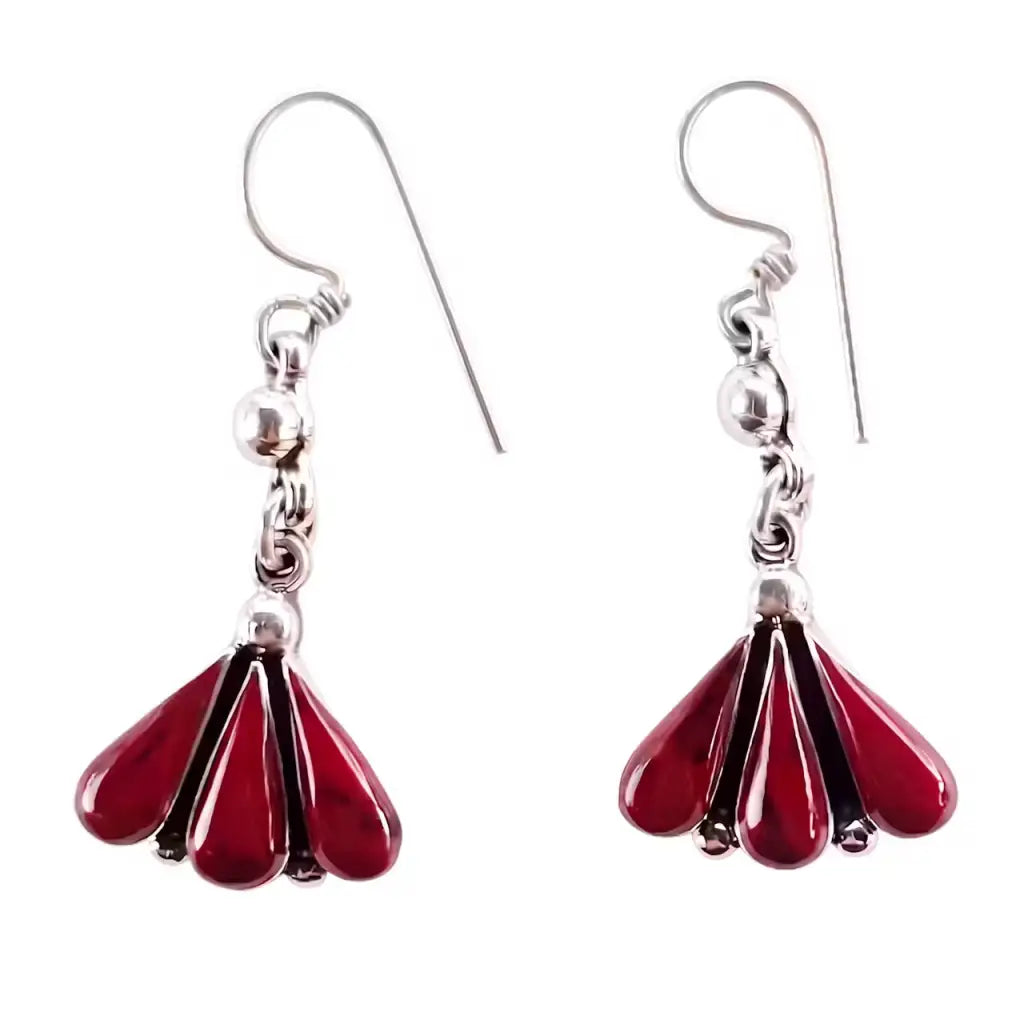 Taxco Silver Earrings - Pure with red agate fan shape