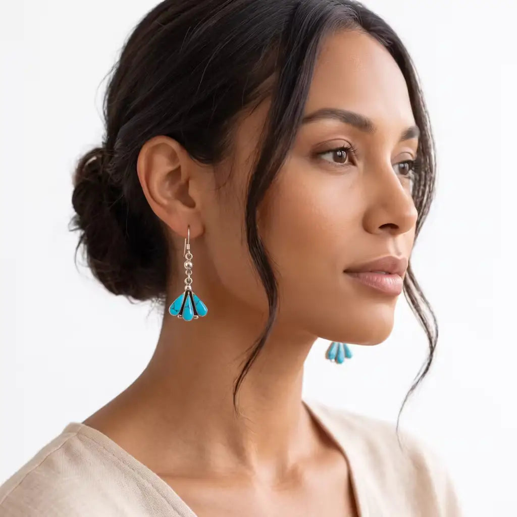 Taxco Silver Earrings - Pure with turquoise fan shape