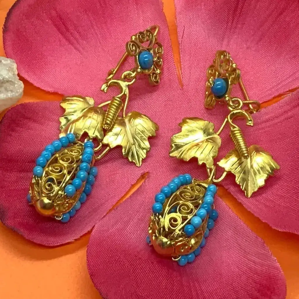 Traditional drop Mexican gold vermeil earrings turquoise